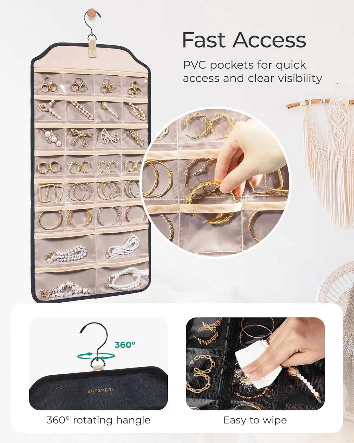 BAGSMART Earring Holder Organizer, Hanging Jewelry 56 Pocket Storage Storage for Women Accessories, Earring for Wall Holding Jewelries Black, 1 Piece