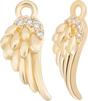 Beebeecraft 1 Box 10Pcs Angel Wing Charms 14K Gold Plated Feathers Charm Pendant with Clear Cubic Zirconia for DIY Bracelet Necklace