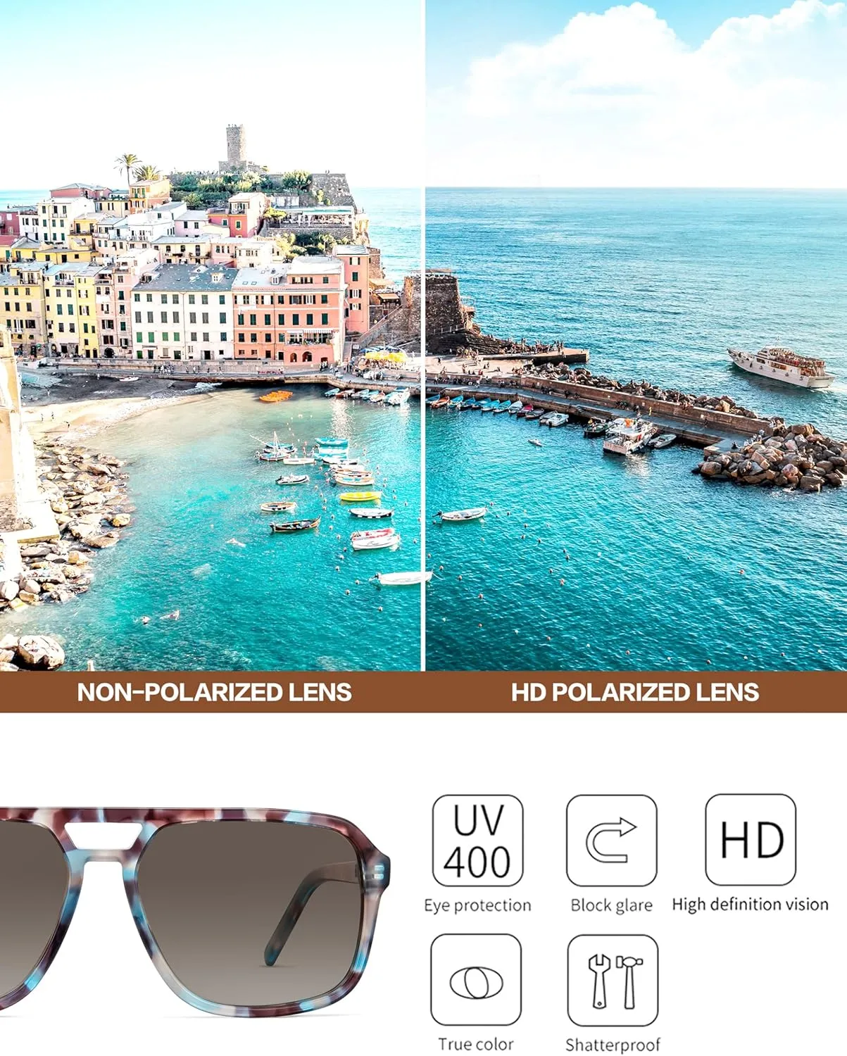 BIRCEN Women Polarized Acetate Sunglasses: Fashion Square Aviator Shades UV Protection for Trendy Laides Travel Beach Outdoor
