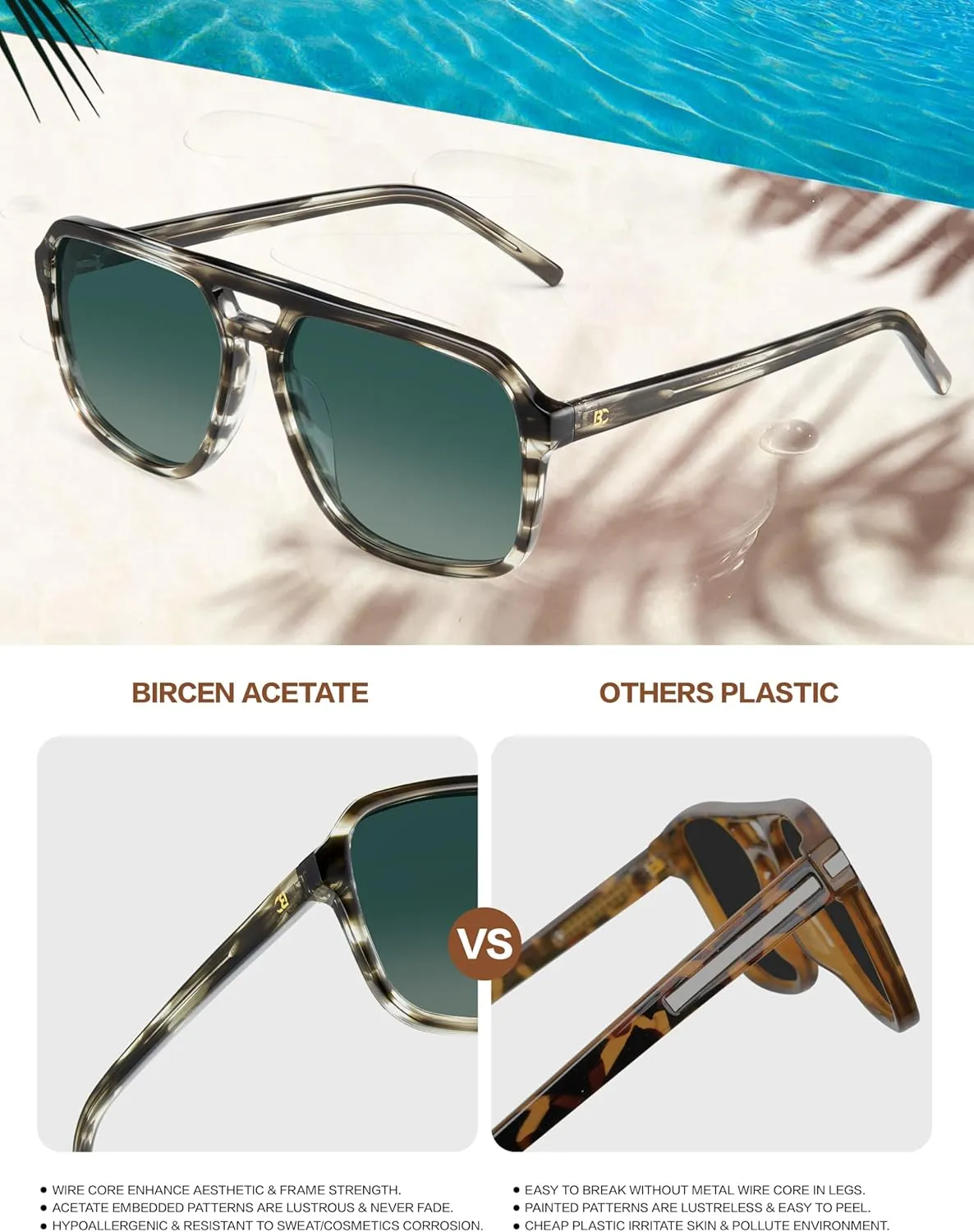 BIRCEN Women Polarized Acetate Sunglasses: Fashion Square Aviator Shades UV Protection for Trendy Laides Travel Beach Outdoor