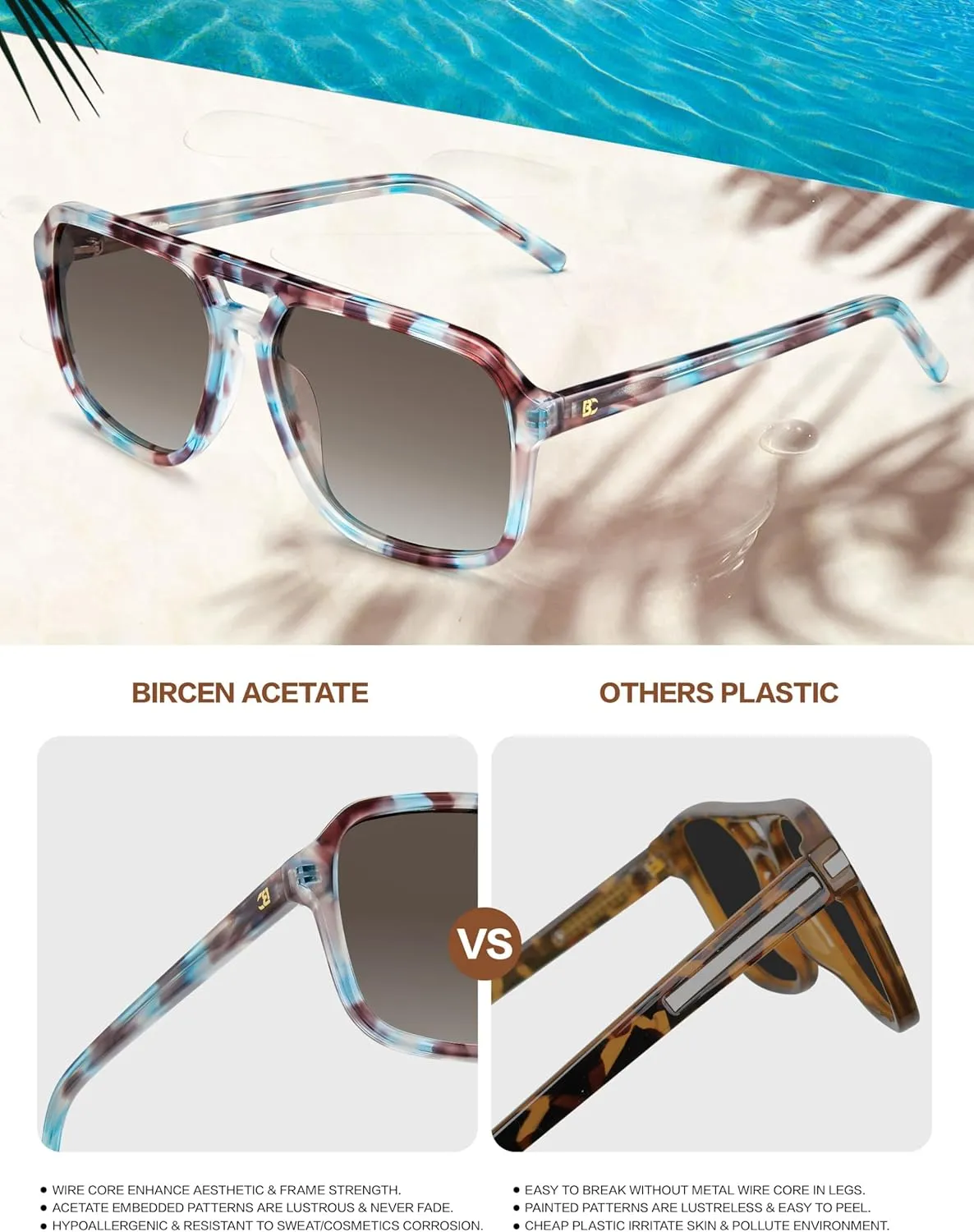 BIRCEN Women Polarized Acetate Sunglasses: Fashion Square Aviator Shades UV Protection for Trendy Laides Travel Beach Outdoor