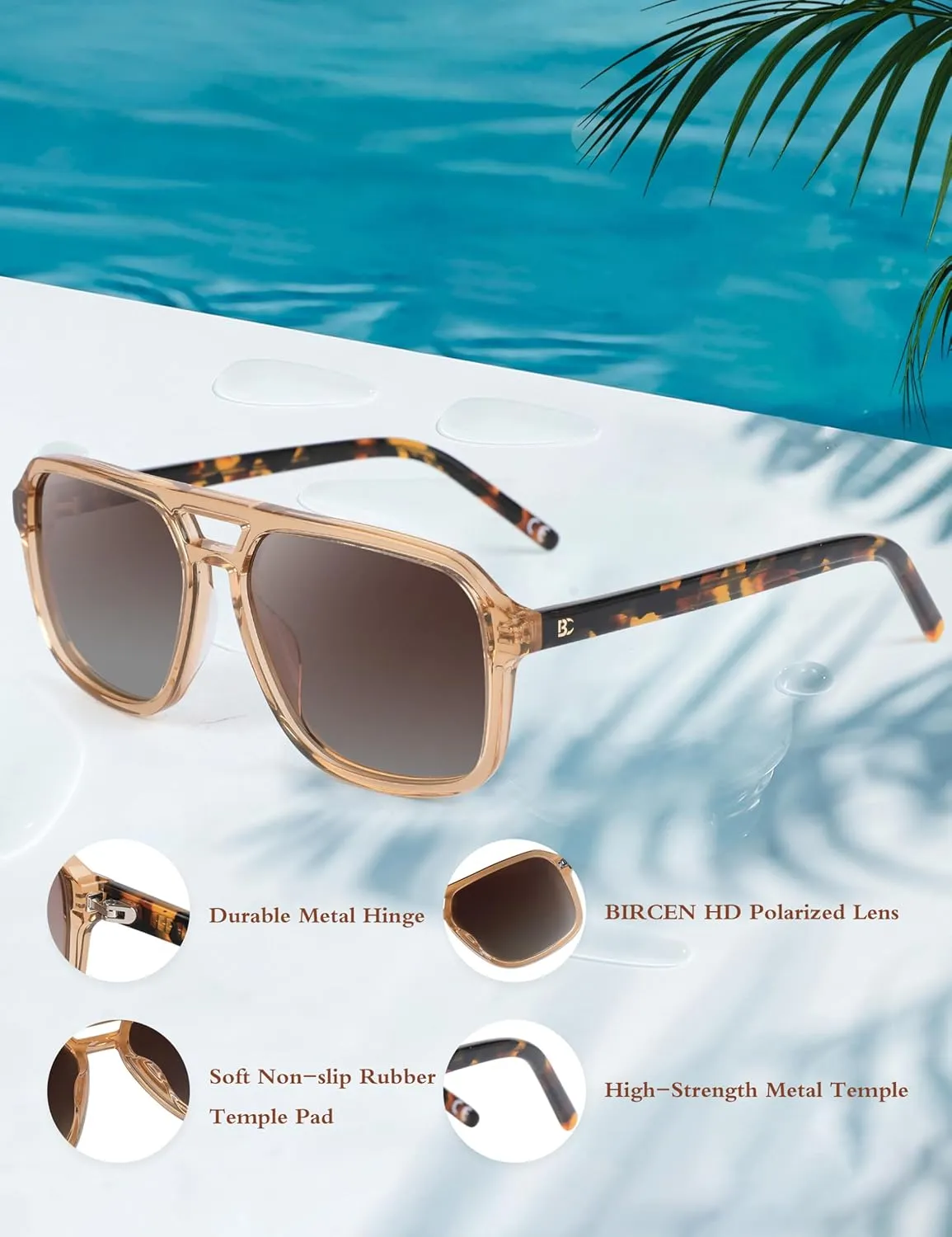 BIRCEN Women Polarized Acetate Sunglasses: Fashion Square Aviator Shades UV Protection for Trendy Laides Travel Beach Outdoor