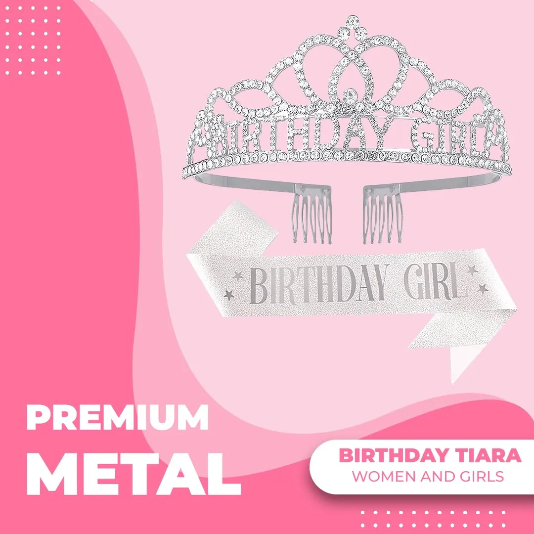 Birthday Tiara and Crown with Sash for Women, Hair Accessories for Wedding Party Costume (A1 - Silver)