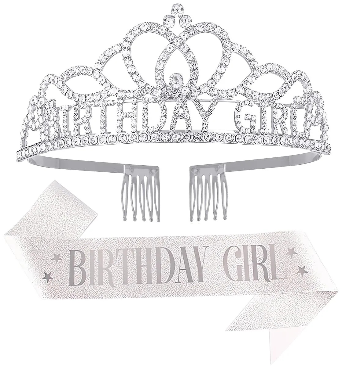 Birthday Tiara and Crown with Sash for Women, Hair Accessories for Wedding Party Costume (A1 - Silver)