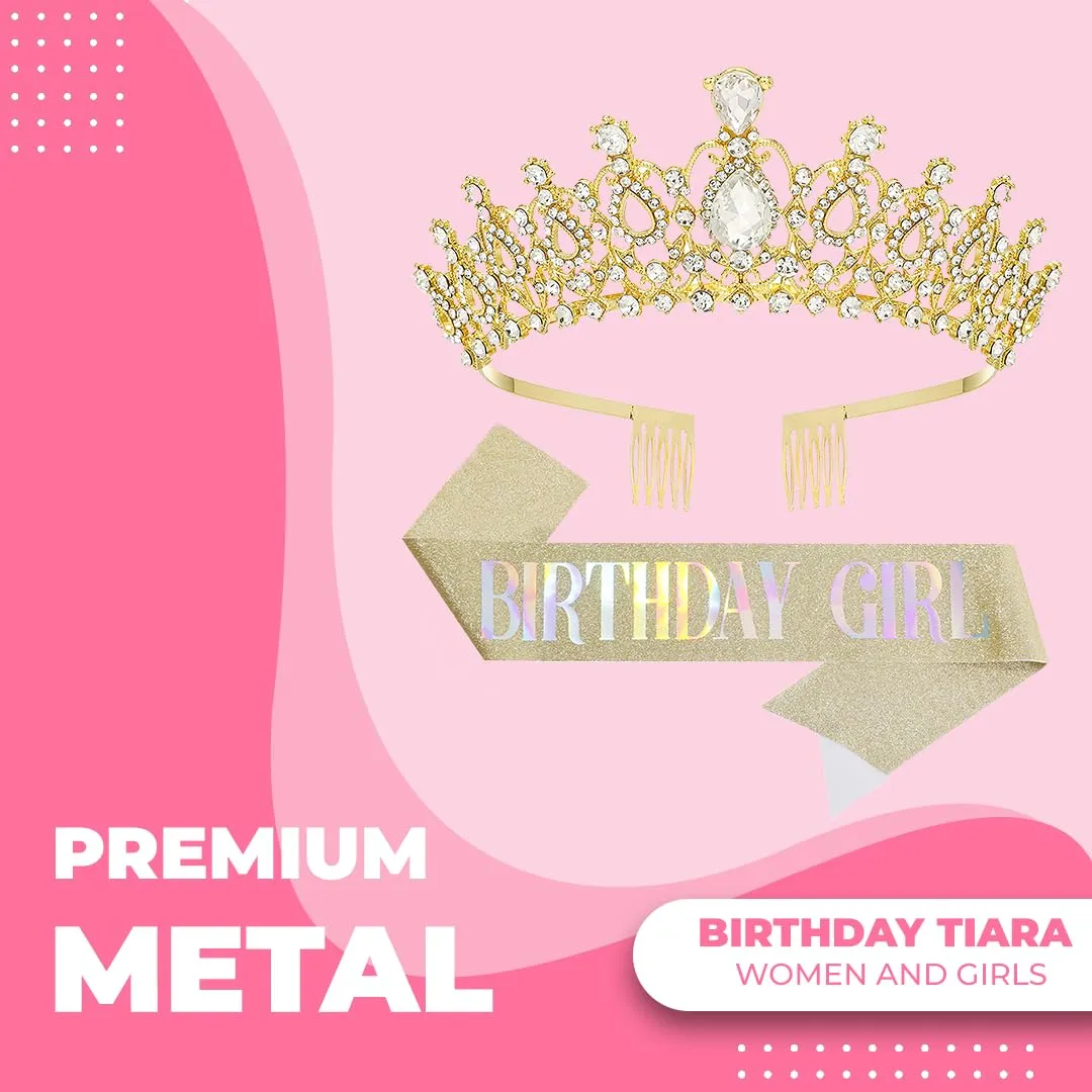 Birthday Tiara and Crown with Sash for Women, Hair Accessories for Wedding Party Costume (B - Gold)