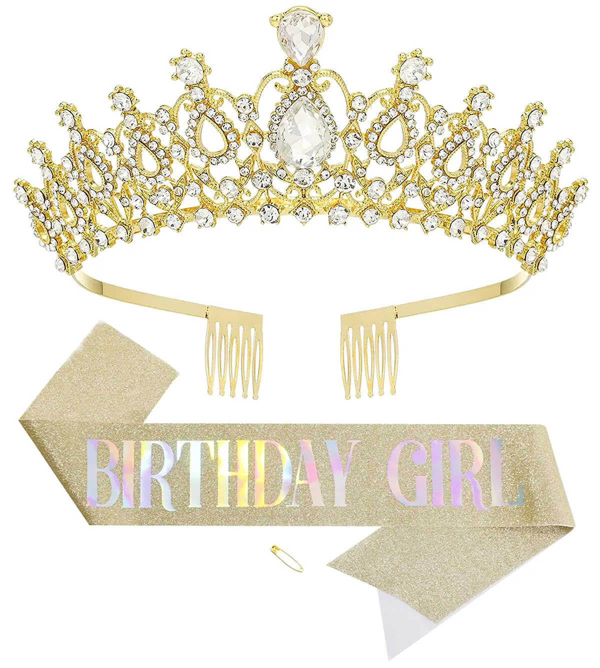 Birthday Tiara and Crown with Sash for Women, Hair Accessories for Wedding Party Costume (B - Gold)