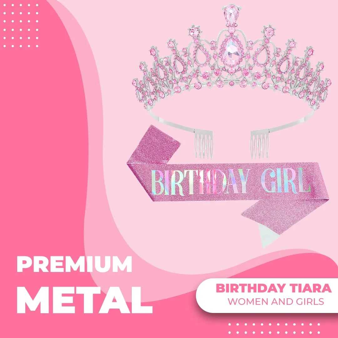 Birthday Tiara and Crown with Sash for Women, Hair Accessories for Wedding Party Costume (B - Pink)