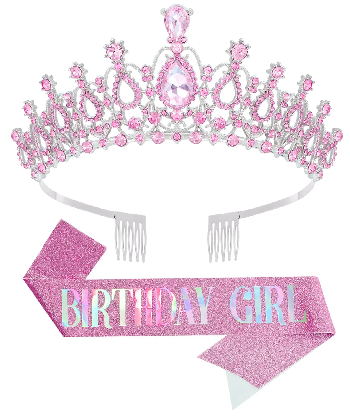 Birthday Tiara and Crown with Sash for Women, Hair Accessories for Wedding Party Costume (B - Pink)