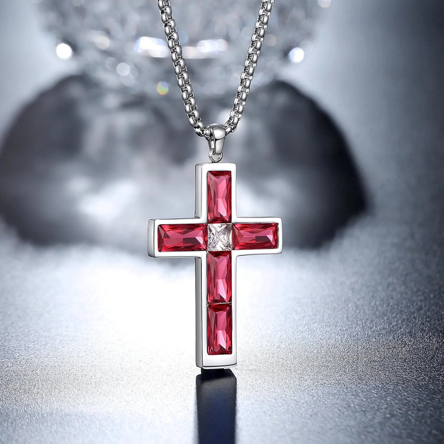 Birthstone Cross Necklace for Men, 316L Stainless Steel with Cubic Zirconia Cross Pendant Necklace for Women, 24Inch Chain Handmade Jewelry