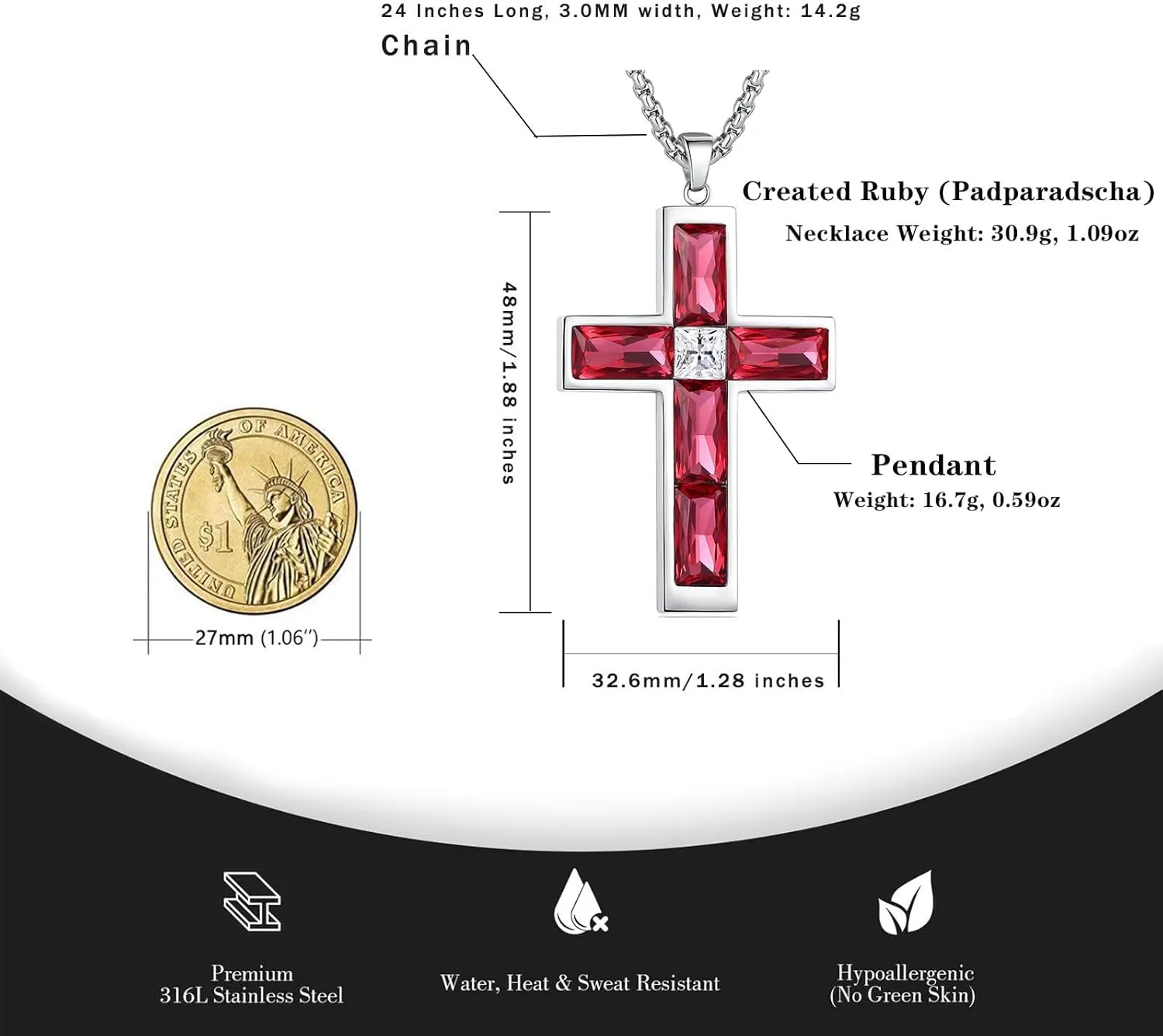 Birthstone Cross Necklace for Men, 316L Stainless Steel with Cubic Zirconia Cross Pendant Necklace for Women, 24Inch Chain Handmade Jewelry