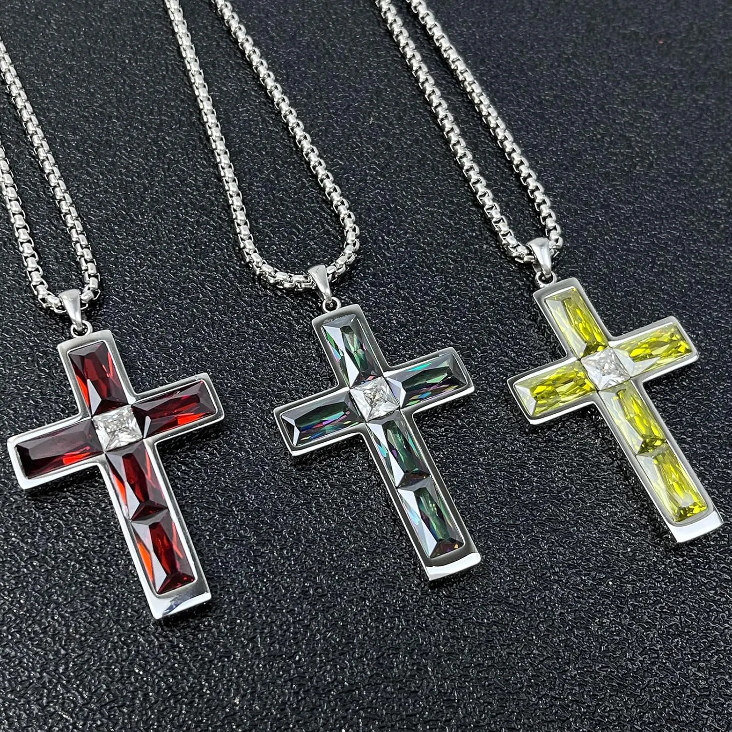 Birthstone Cross Necklace for Men, 316L Stainless Steel with Cubic Zirconia Cross Pendant Necklace for Women, 24Inch Chain Handmade Jewelry
