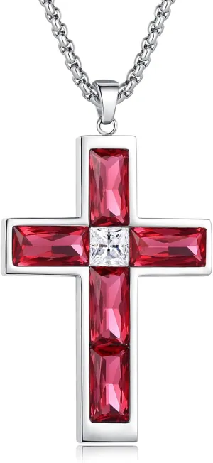 Birthstone Cross Necklace for Men, 316L Stainless Steel with Cubic Zirconia Cross Pendant Necklace for Women, 24Inch Chain Handmade Jewelry