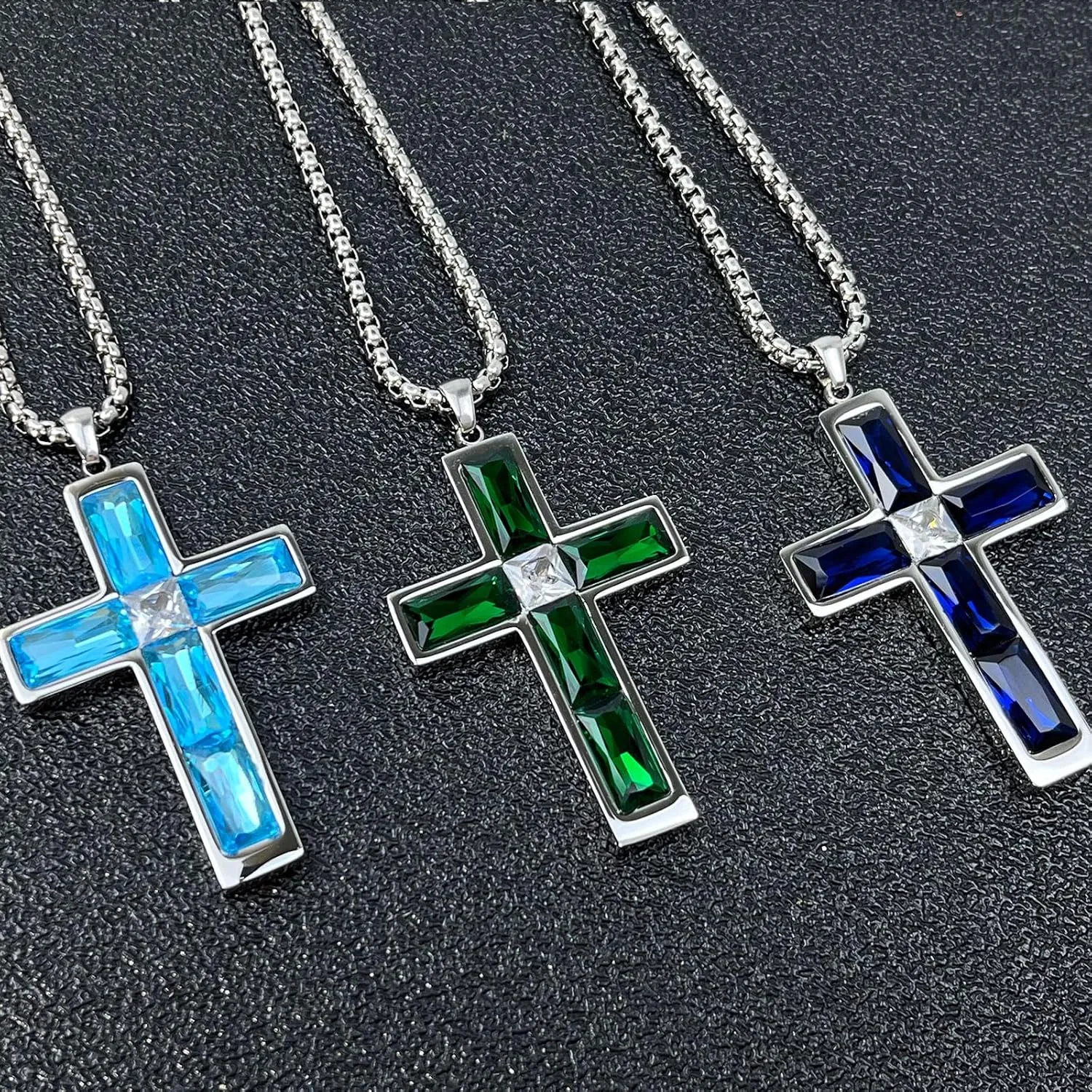 Birthstone Cross Necklace for Men, 316L Stainless Steel with Cubic Zirconia Cross Pendant Necklace for Women, 24Inch Chain Handmade Jewelry