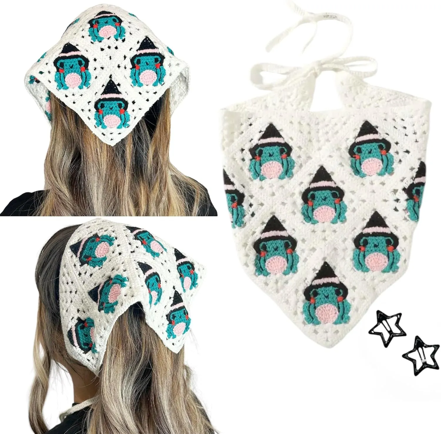 Black Gothic Crochet Bandana Scarf, Spiderweb Greyscale Halloween Style, Gothic Neck Bandanas, Triangle Headband, Unisex