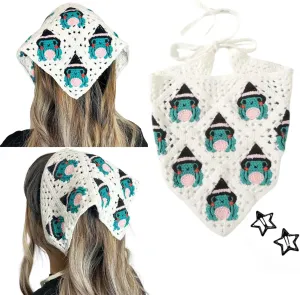 Black Gothic Crochet Bandana Scarf, Spiderweb Greyscale Halloween Style, Gothic Neck Bandanas, Triangle Headband, Unisex