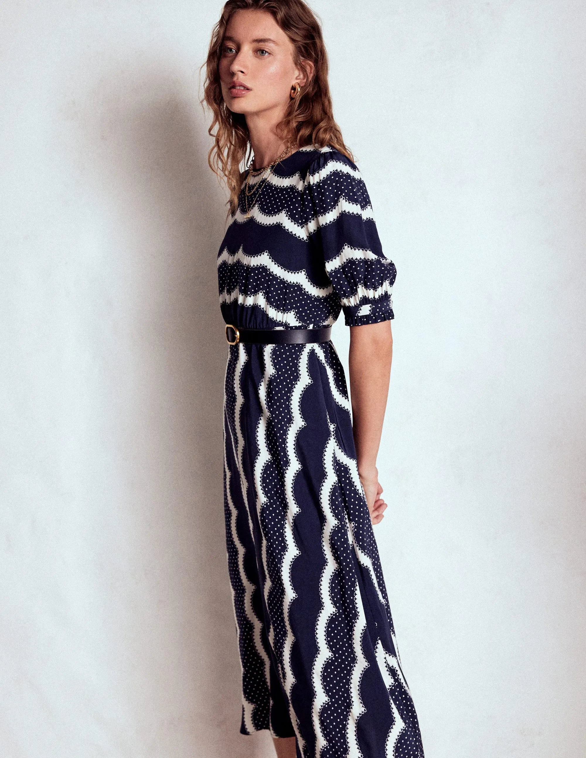 Blanca Midi Tea Dress-French Navy, Dainty Scallop