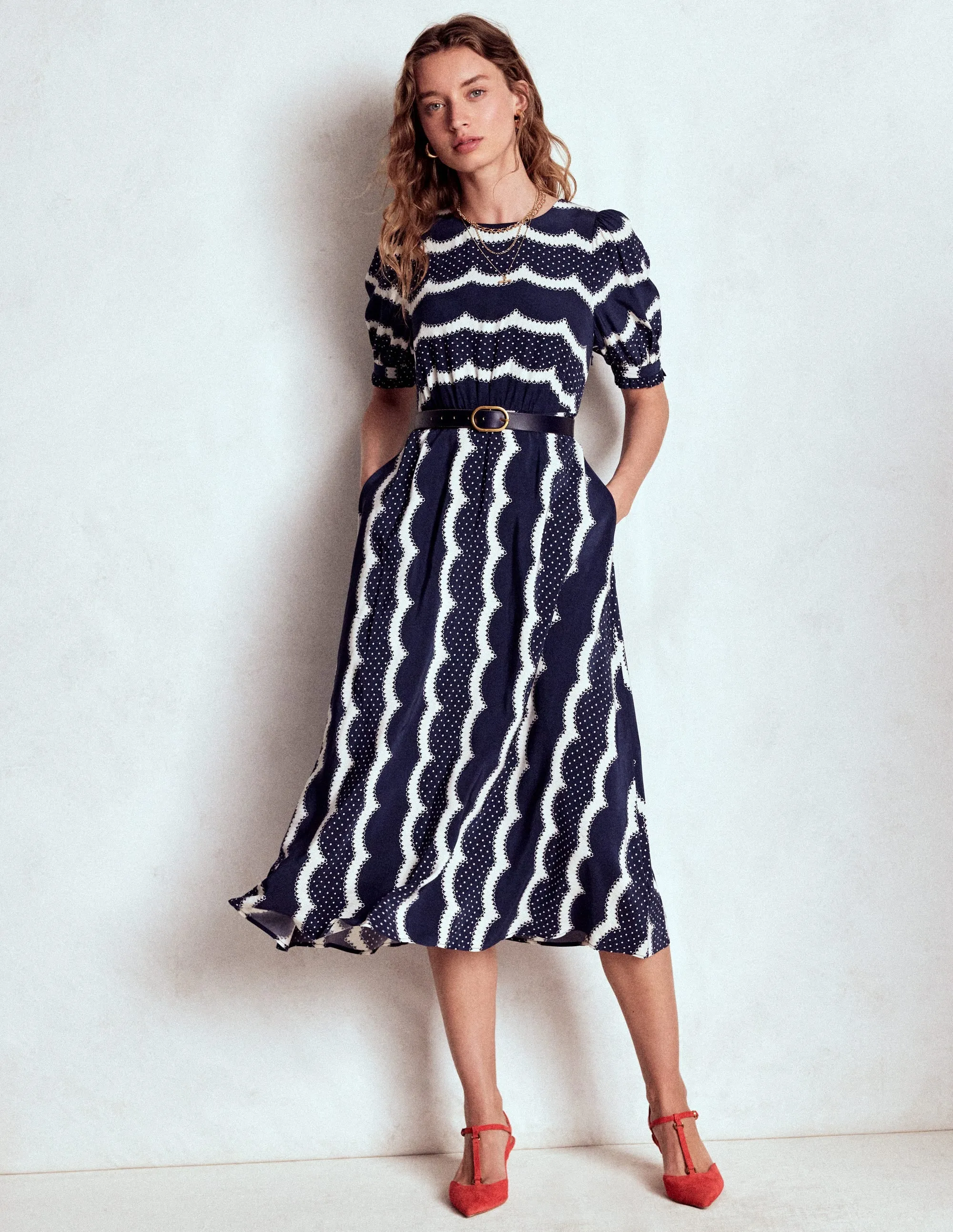 Blanca Midi Tea Dress-French Navy, Dainty Scallop