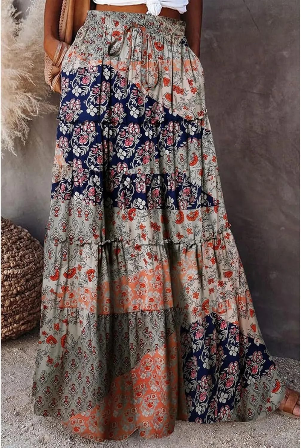 Boho Floral Skirt for Women High Waist A Line Flowy Tiered Skirts Summer Pleated Ruffle Long Maxi Skirt with Pockets