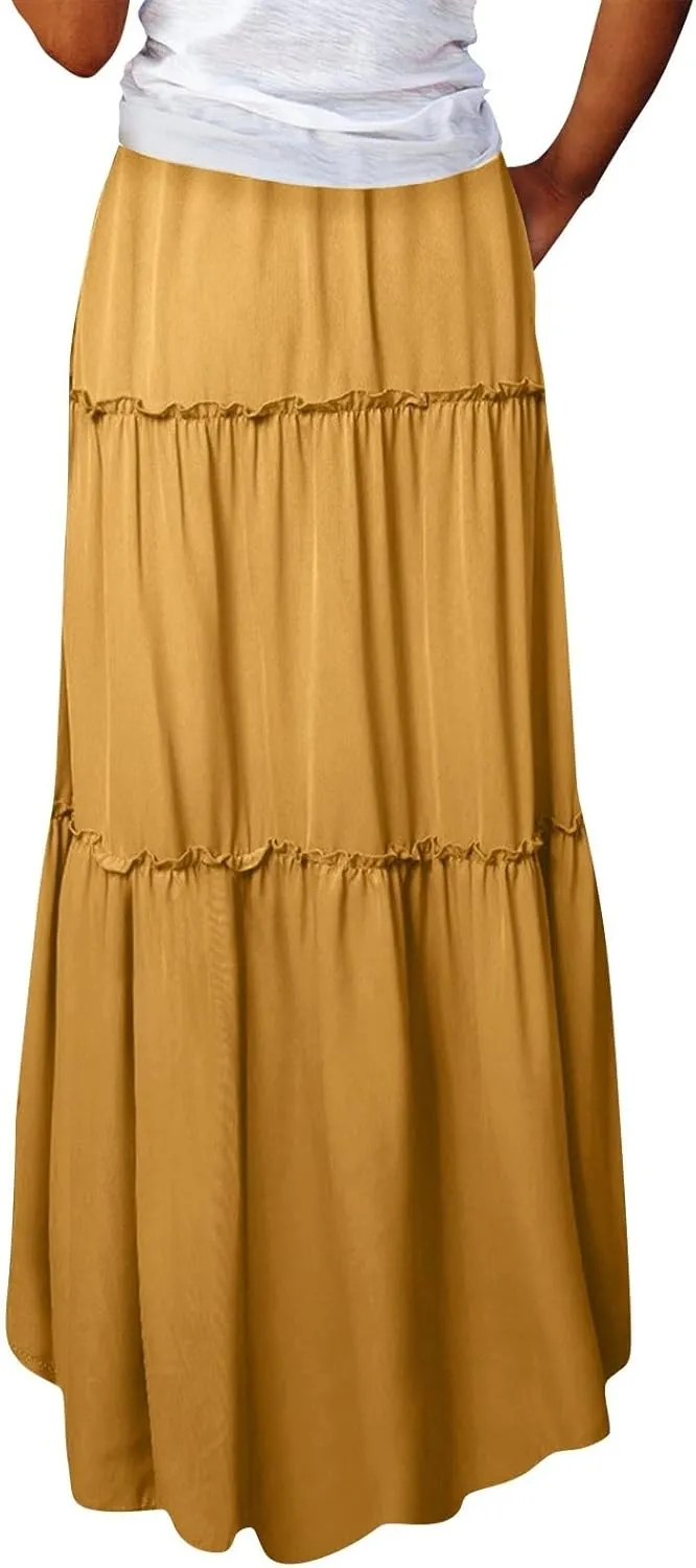 Boho Skirt for Women High Waist A Line Flowy Tiered Skirts Summer Floral Pleated Ruffle Long Maxi Skirt with Pockets