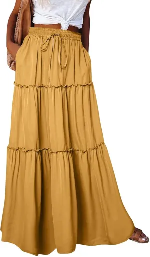 Boho Skirt for Women High Waist A Line Flowy Tiered Skirts Summer Floral Pleated Ruffle Long Maxi Skirt with Pockets