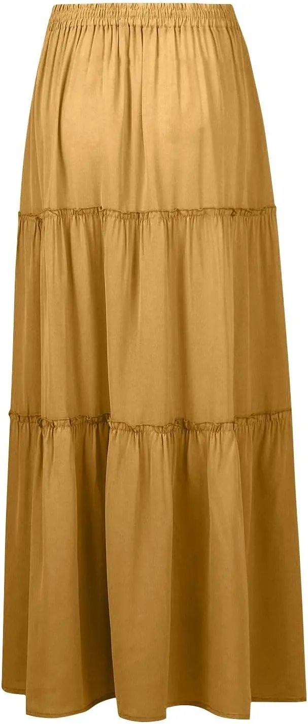 Boho Skirt for Women High Waist A Line Flowy Tiered Skirts Summer Floral Pleated Ruffle Long Maxi Skirt with Pockets