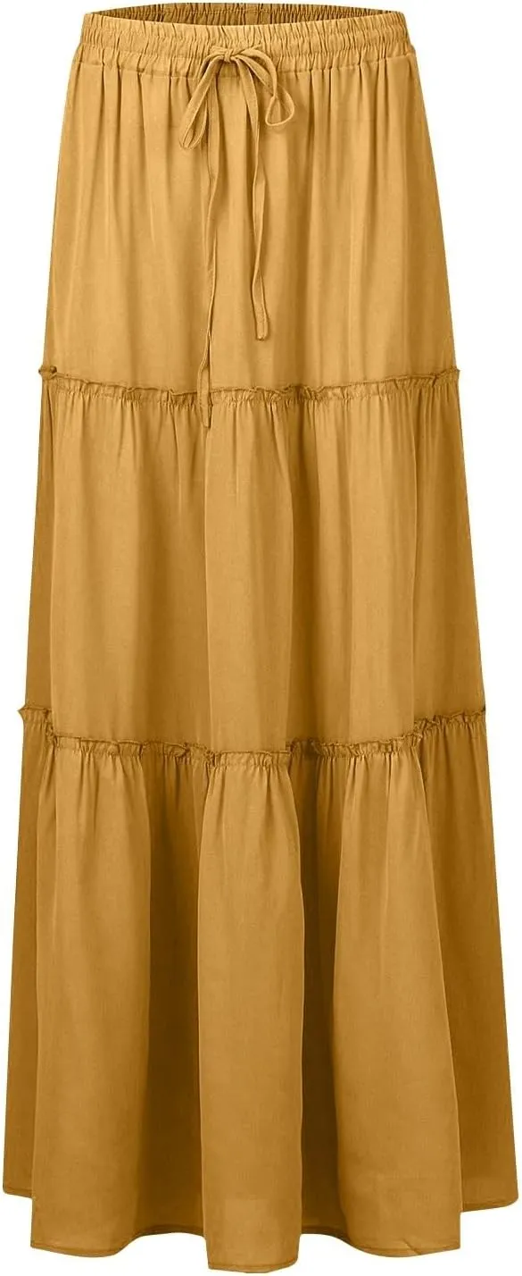 Boho Skirt for Women High Waist A Line Flowy Tiered Skirts Summer Floral Pleated Ruffle Long Maxi Skirt with Pockets