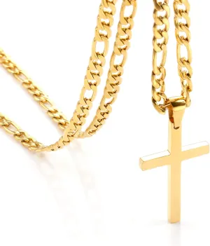 CaptainSteeL Cross Necklace for Men - Stainless Steel Silver/Gold Plain Cross Pendant Necklace Simple Jewelry Gifts, 24 Inches 3:1 Figaro Link Chain 4/5/6mm Width