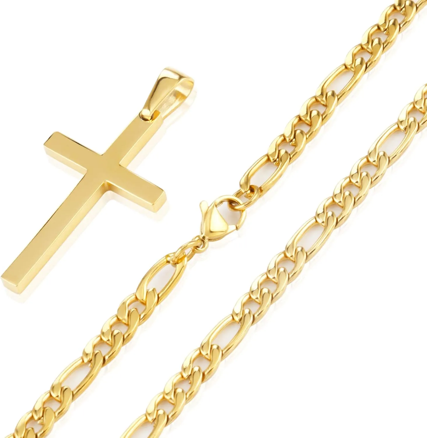 CaptainSteeL Cross Necklace for Men - Stainless Steel Silver/Gold Plain Cross Pendant Necklace Simple Jewelry Gifts, 24 Inches 3:1 Figaro Link Chain 4/5/6mm Width