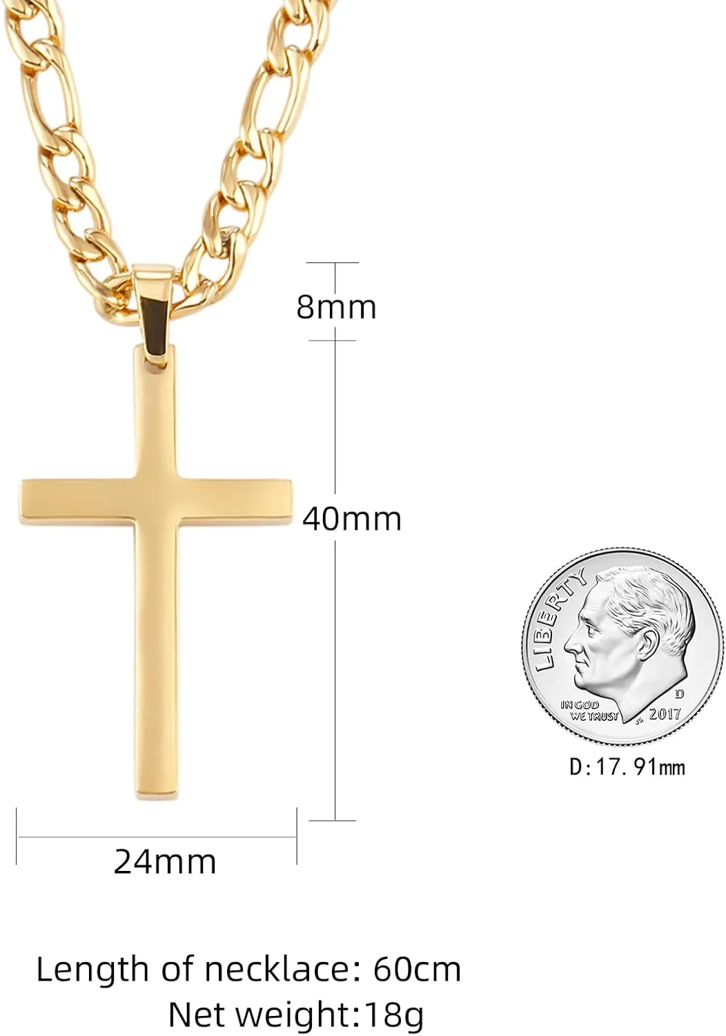 CaptainSteeL Cross Necklace for Men - Stainless Steel Silver/Gold Plain Cross Pendant Necklace Simple Jewelry Gifts, 24 Inches 3:1 Figaro Link Chain 4/5/6mm Width