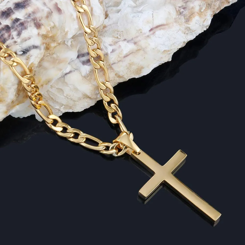 CaptainSteeL Cross Necklace for Men - Stainless Steel Silver/Gold Plain Cross Pendant Necklace Simple Jewelry Gifts, 24 Inches 3:1 Figaro Link Chain 4/5/6mm Width