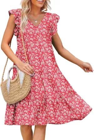 Caracilia Womens Summer Ruffle Sleeve V Neck Midi Dress Flowy Boho Casual A-Line Tiered Knee Length Beach Vacation Sundress