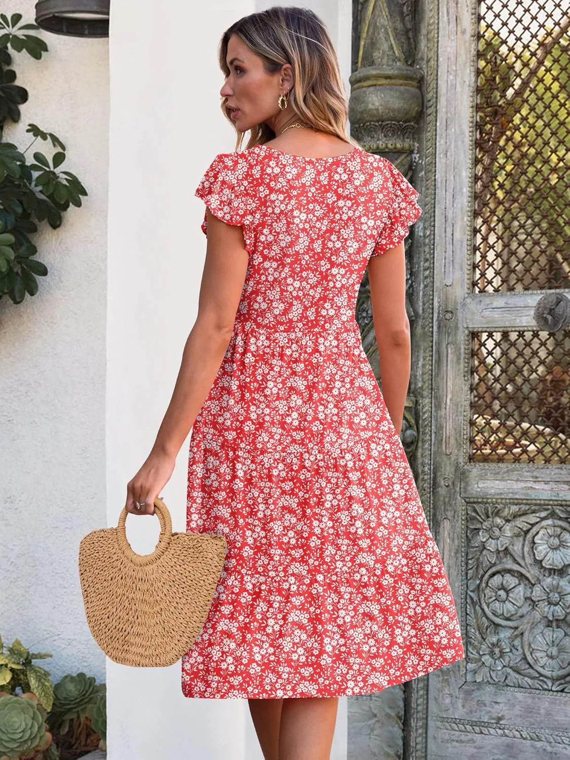 Caracilia Womens Summer Ruffle Sleeve V Neck Midi Dress Flowy Boho Casual A-Line Tiered Knee Length Beach Vacation Sundress