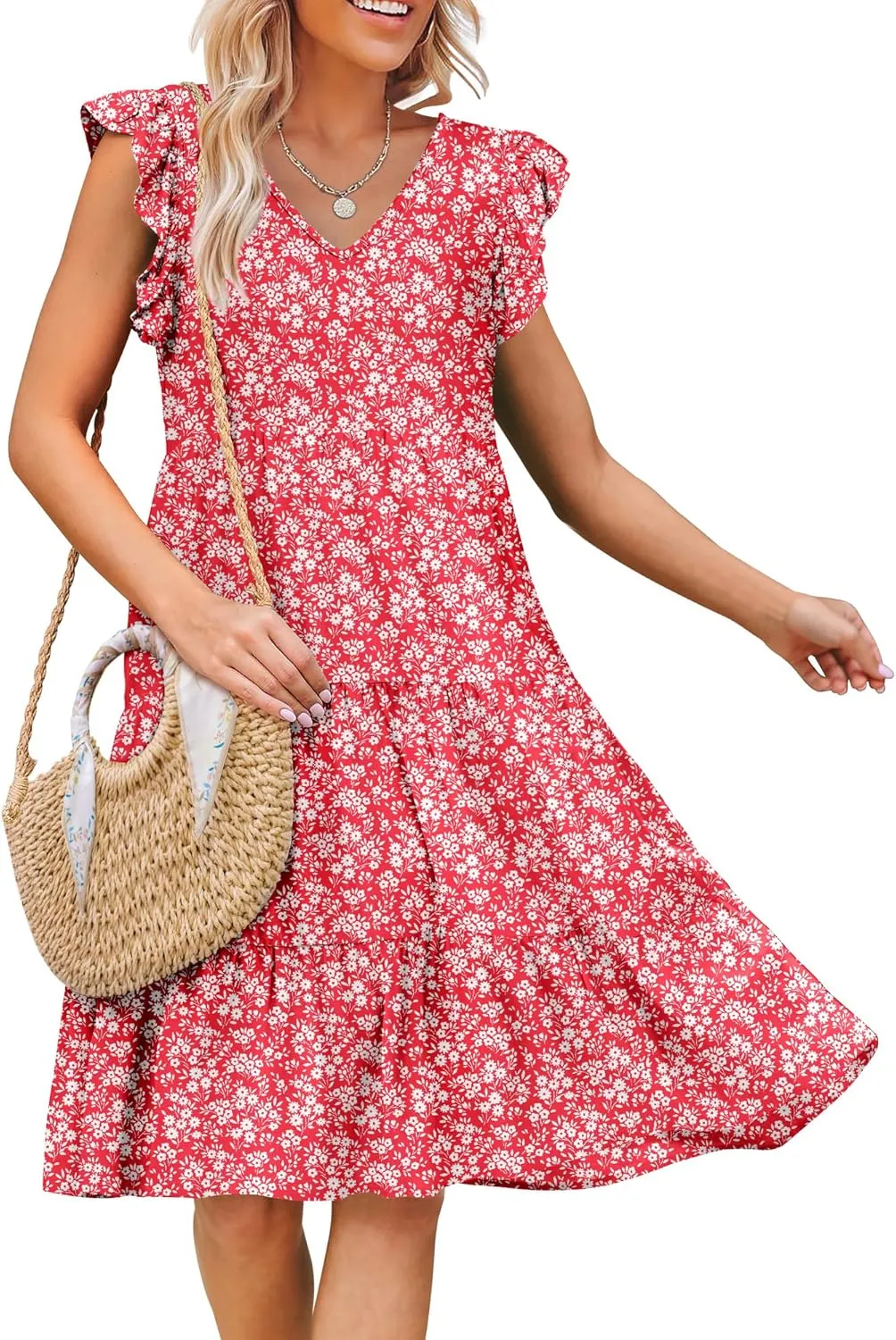 Caracilia Womens Summer Ruffle Sleeve V Neck Midi Dress Flowy Boho Casual A-Line Tiered Knee Length Beach Vacation Sundress