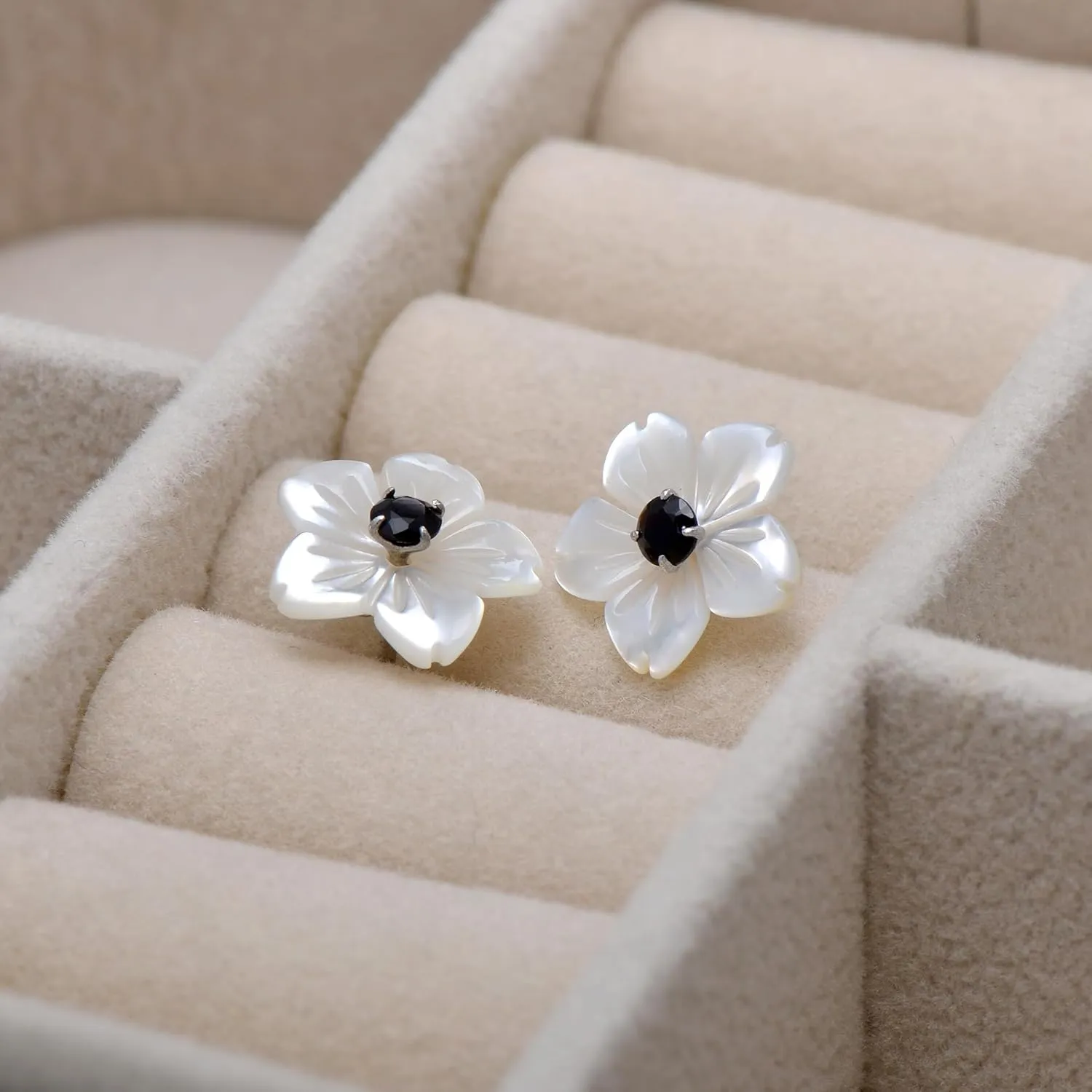 Carved Mother of Pearl Shell Flower Sterling Silver Studs Earrings for Women, Black CZ
