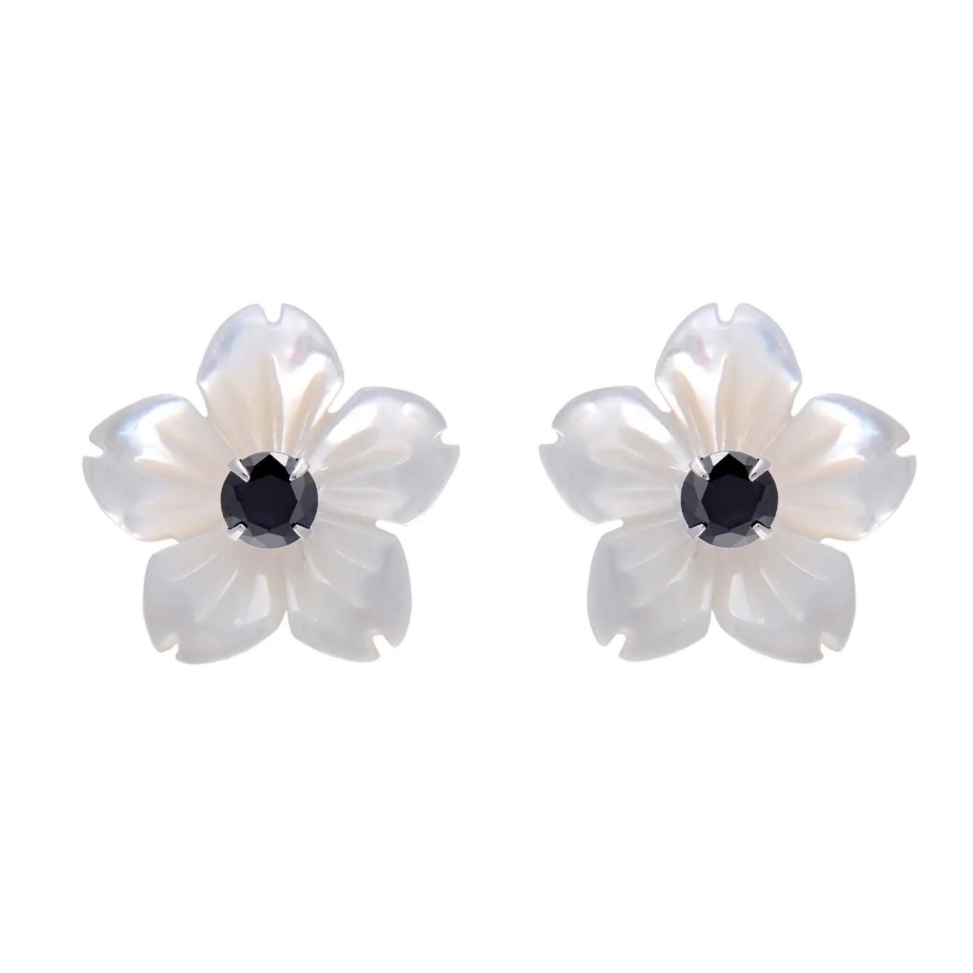 Carved Mother of Pearl Shell Flower Sterling Silver Studs Earrings for Women, Black CZ