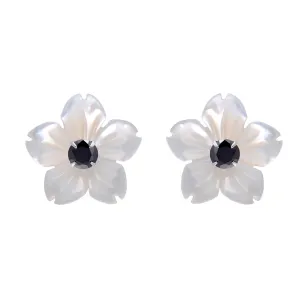 Carved Mother of Pearl Shell Flower Sterling Silver Studs Earrings for Women, Black CZ