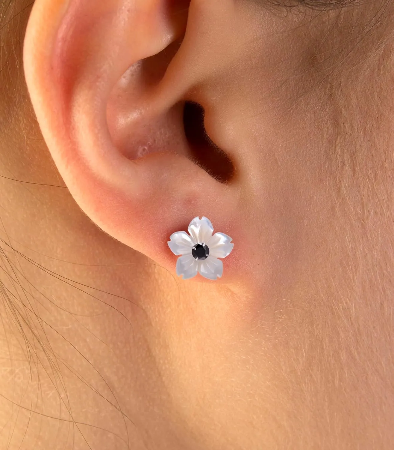 Carved Mother of Pearl Shell Flower Sterling Silver Studs Earrings for Women, Black CZ