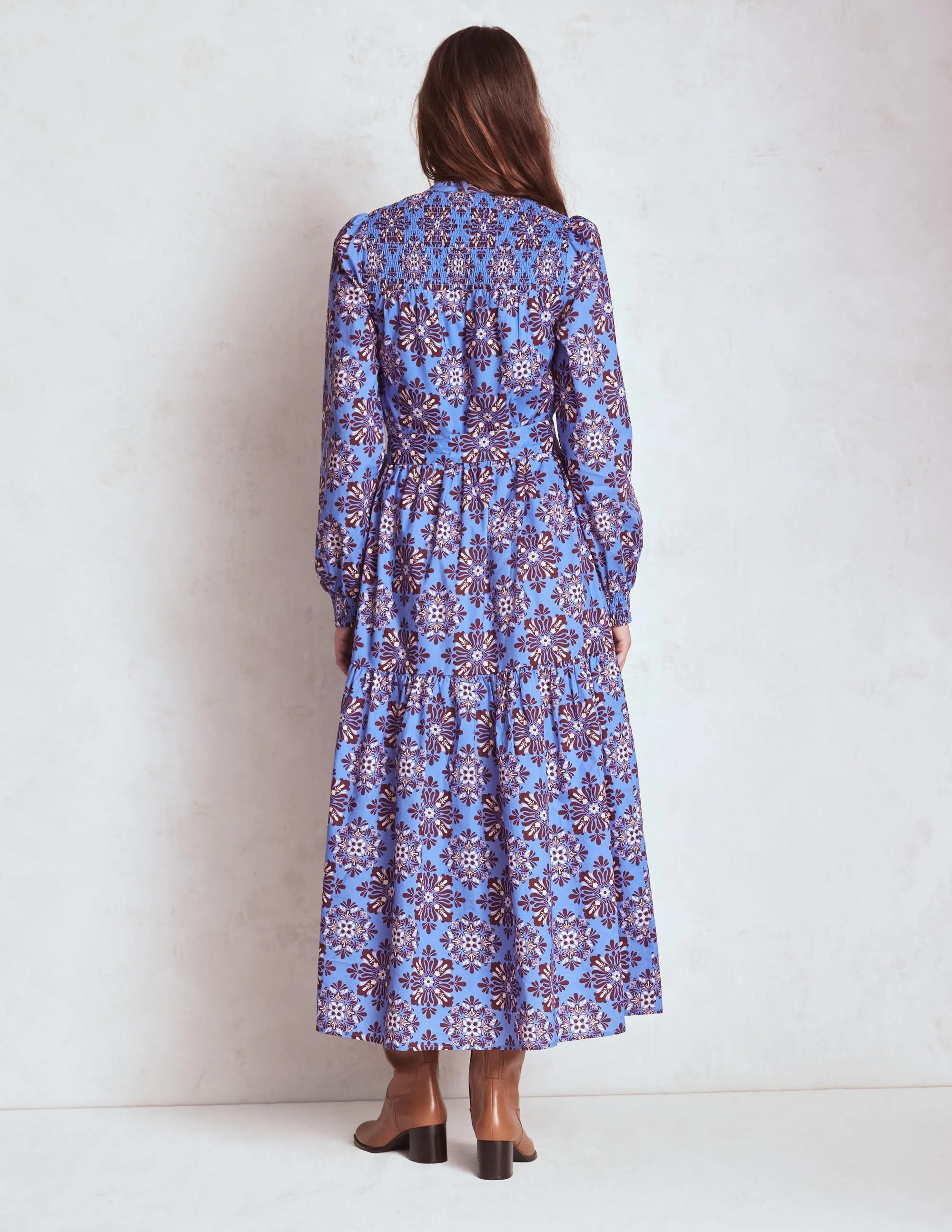 Cecily Cotton Midi Dress-Soft Blue, Bloom Mosaic