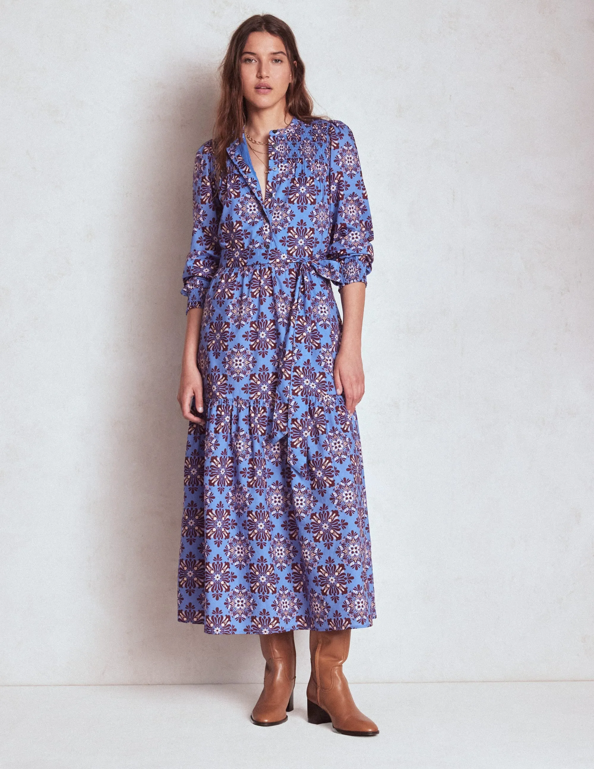 Cecily Cotton Midi Dress-Soft Blue, Bloom Mosaic
