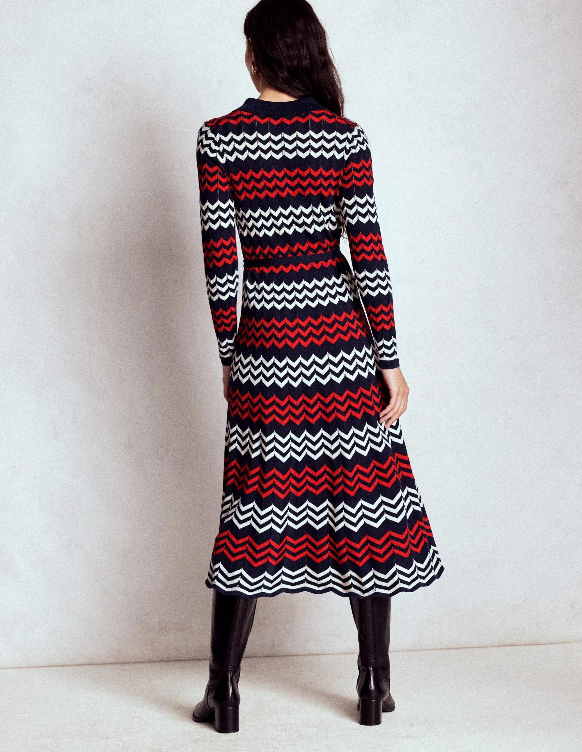 Chevron Stitch Midi Dress-Navy, Red and Ivory Chevron