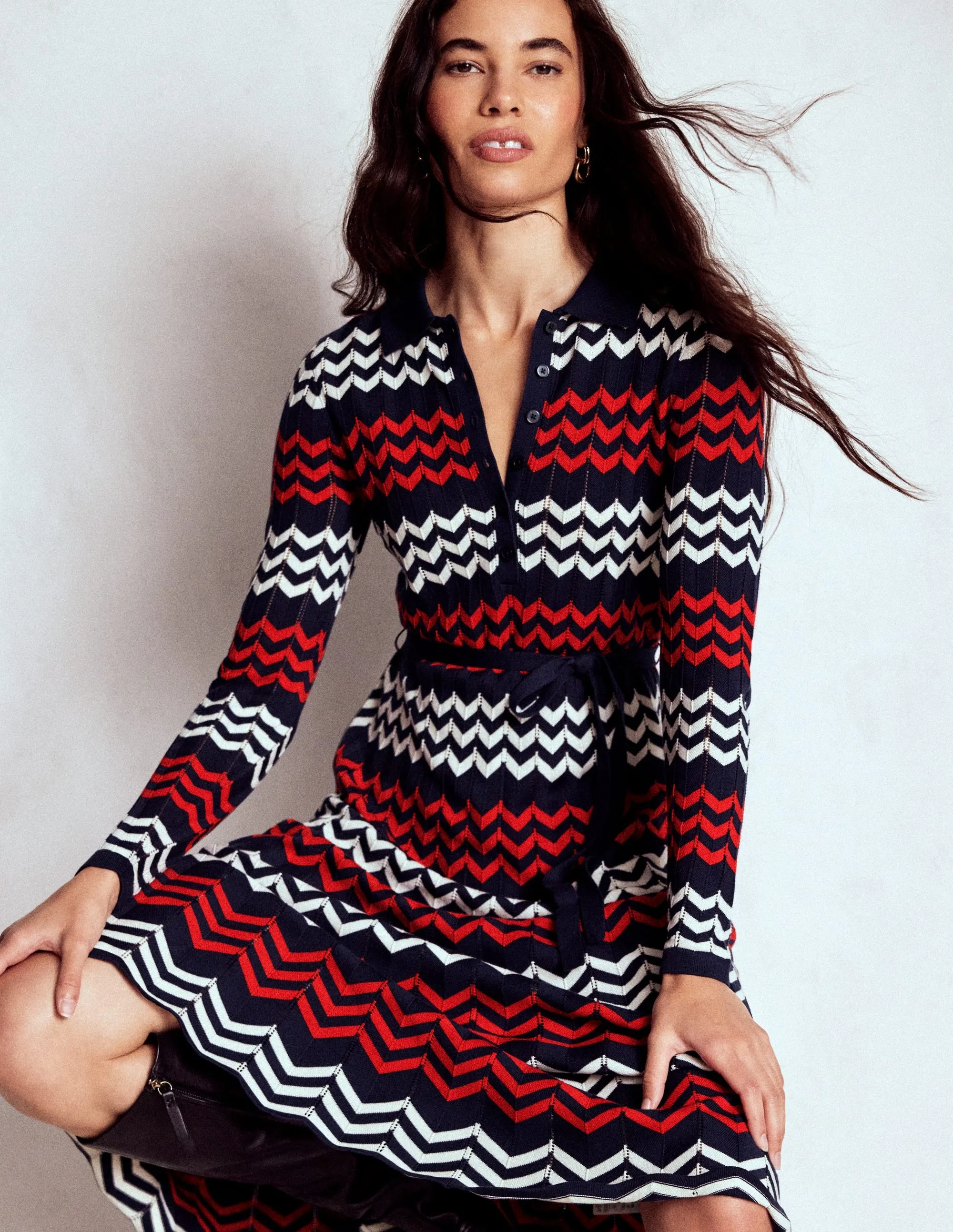Chevron Stitch Midi Dress-Navy, Red and Ivory Chevron
