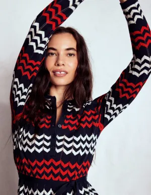Chevron Stitch Midi Dress-Navy, Red and Ivory Chevron