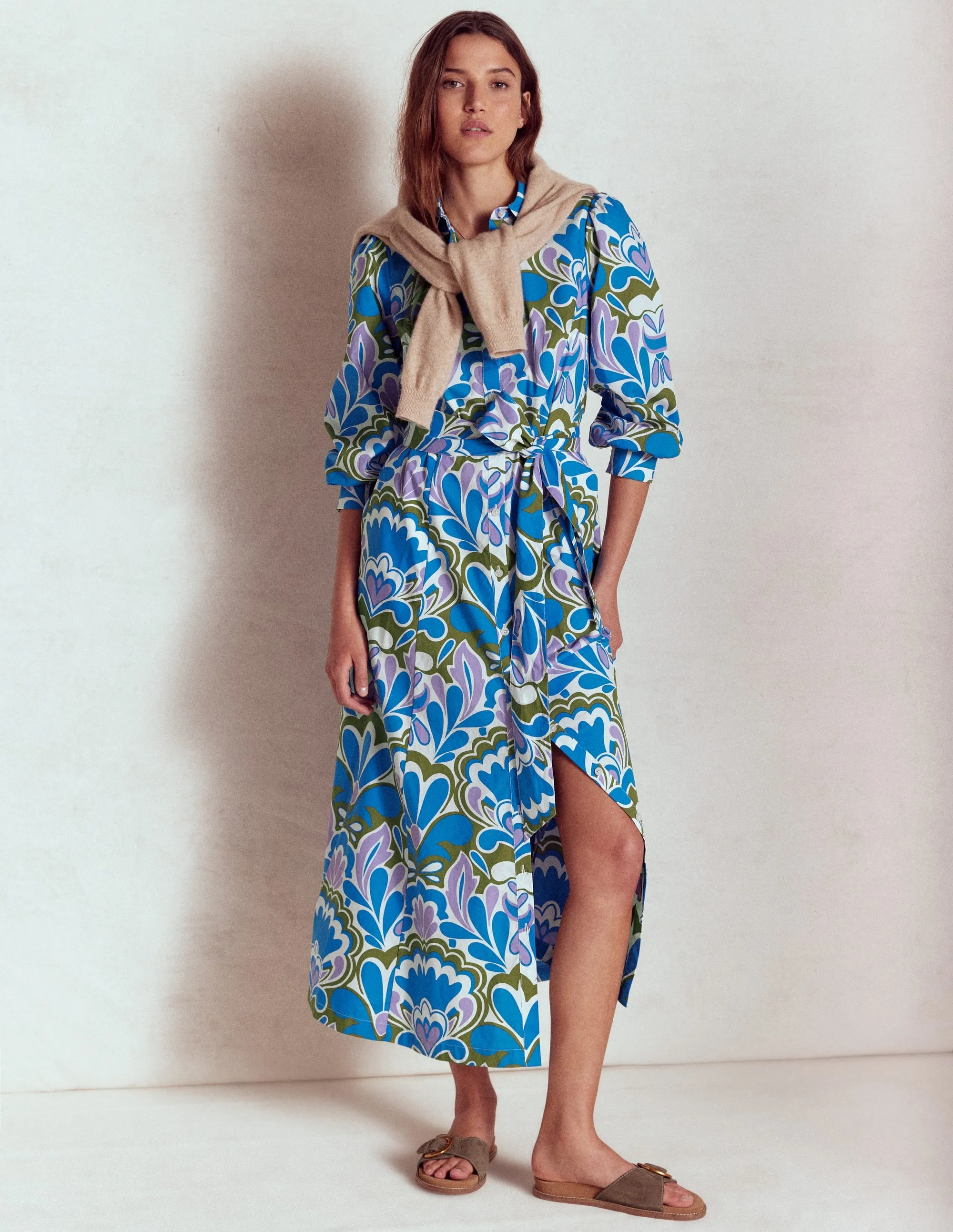 Clara Cotton Shirt Dress-Kingfisher Blue, Freesia Stamp