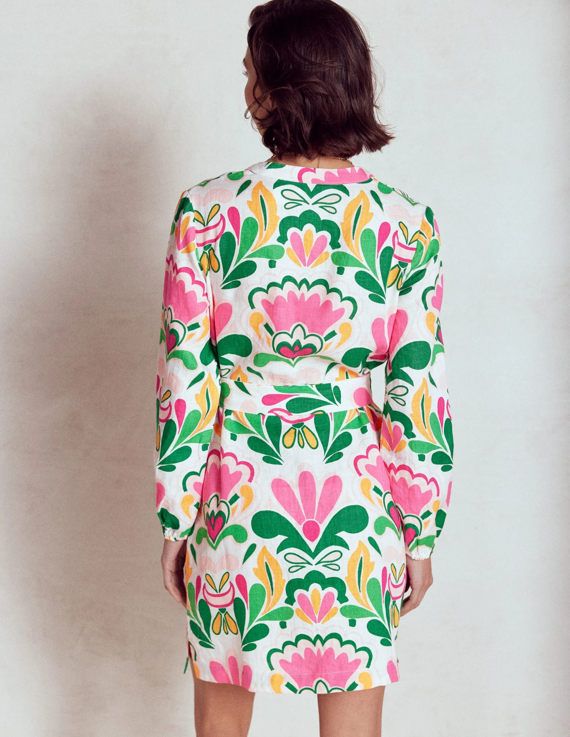 Cleo Linen Tie Waist Dress-Multi, Freesia Stamp