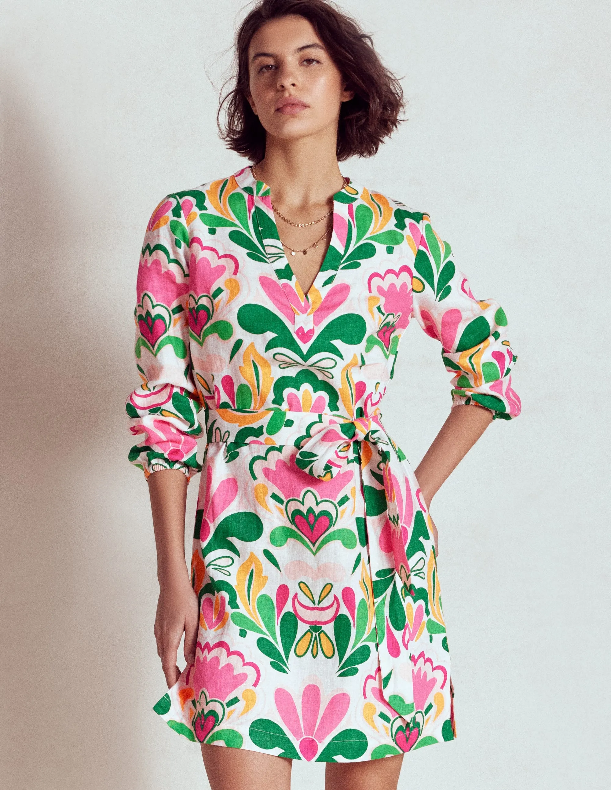 Cleo Linen Tie Waist Dress-Multi, Freesia Stamp