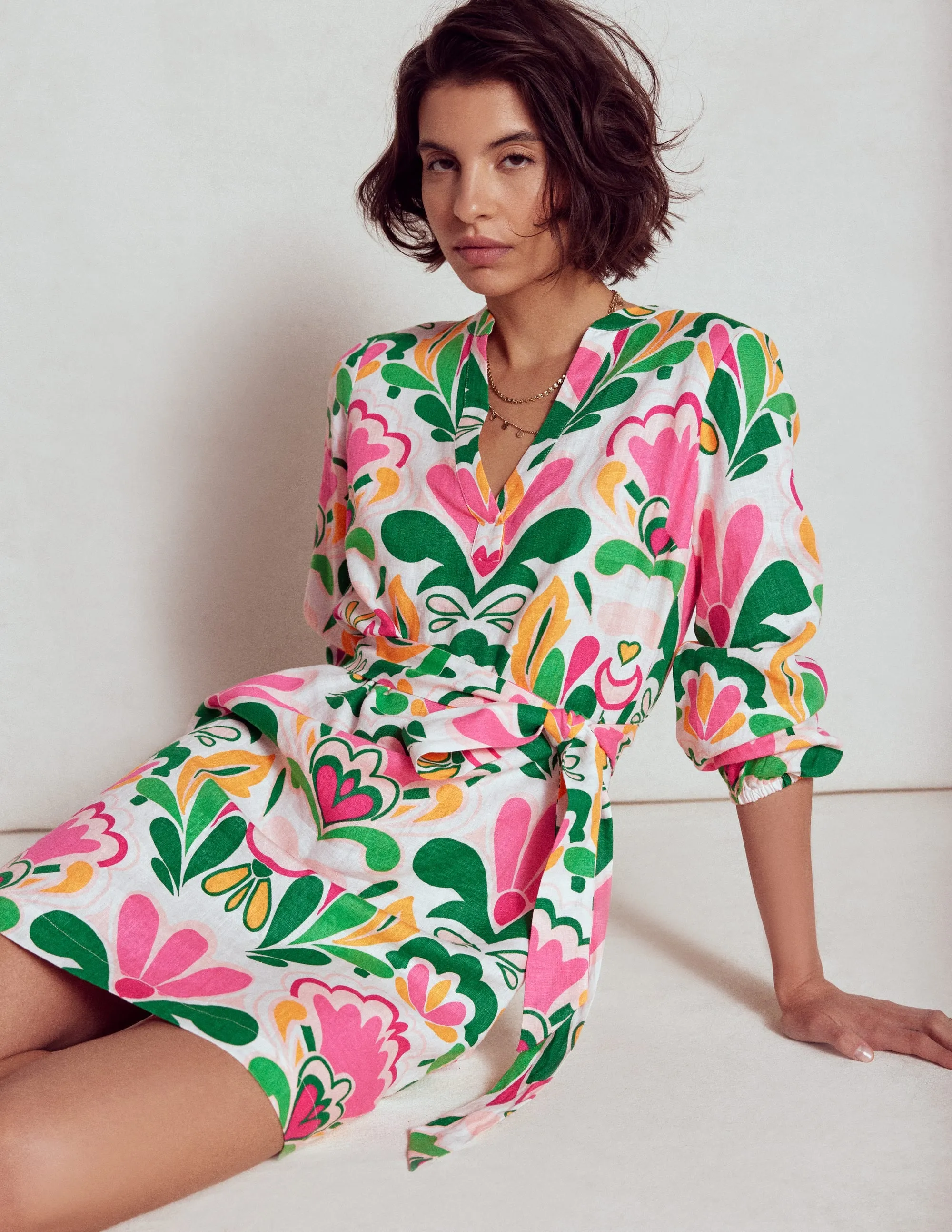Cleo Linen Tie Waist Dress-Multi, Freesia Stamp