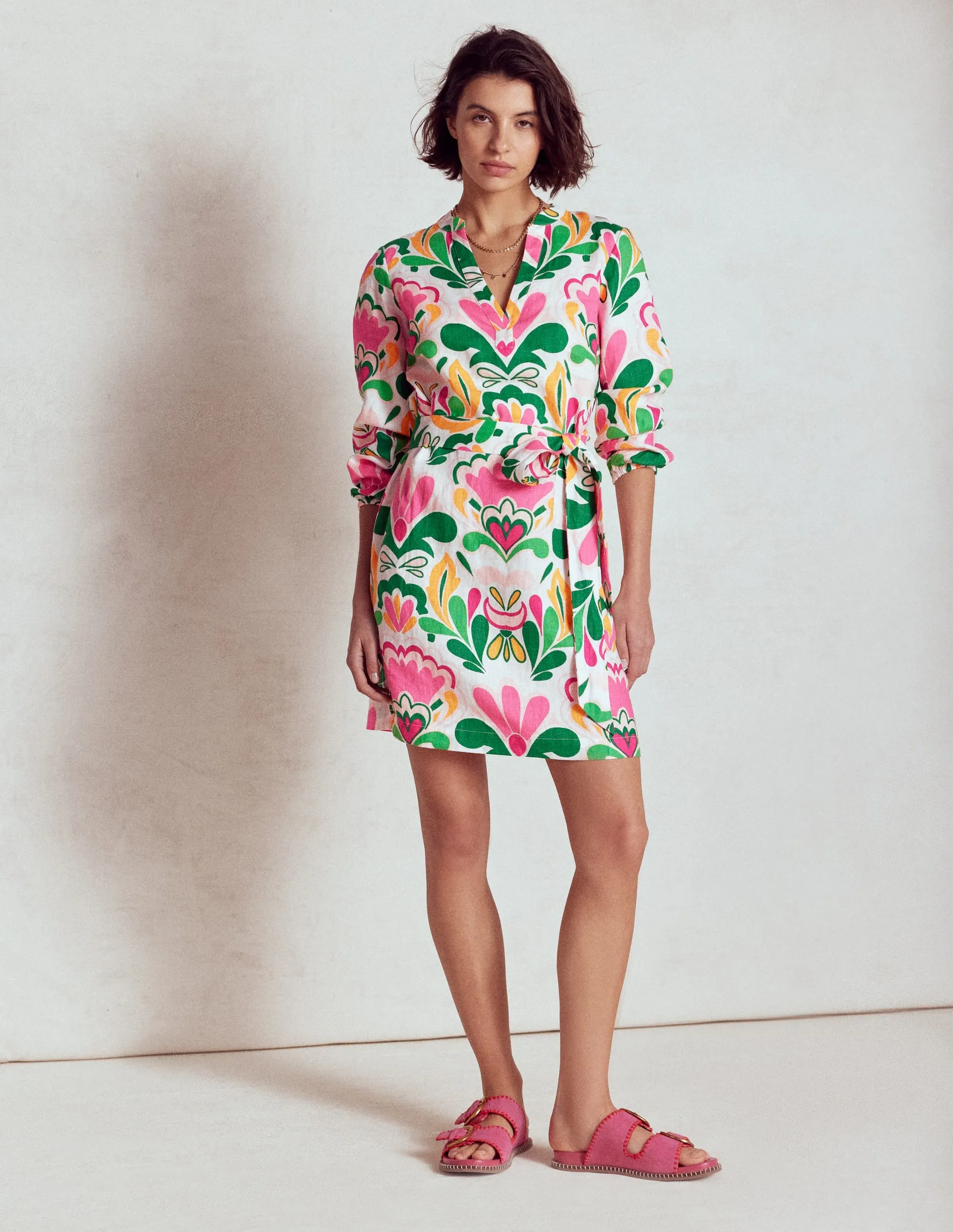 Cleo Linen Tie Waist Dress-Multi, Freesia Stamp