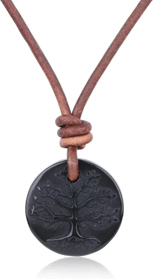 COAI Genuine Leather Necklace for Men Women, Tree of Life Pendant Black Obsidian Necklace for Men Women 20"/22"/24"