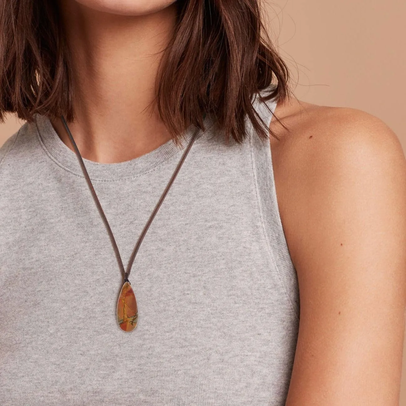 COAI Genuine Leather Necklace, Teardrop Picasso Jasper Crystal Necklace for Men Women
