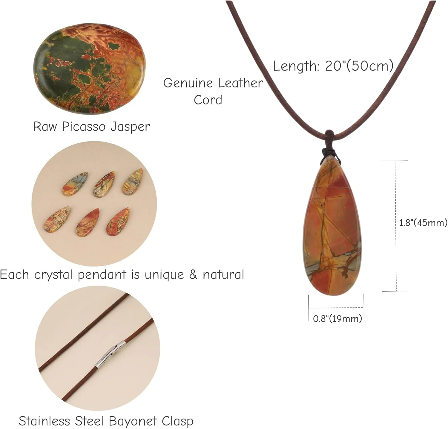 COAI Genuine Leather Necklace, Teardrop Picasso Jasper Crystal Necklace for Men Women
